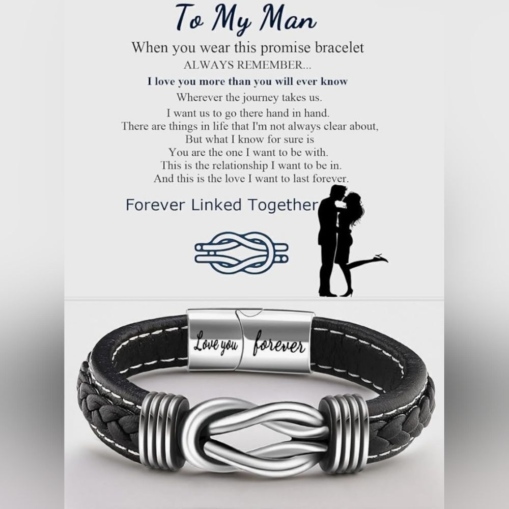 🔸️NIB Black "To My Man" Braided Leather Infinity Knot Cuff Bracelet 7.8"
